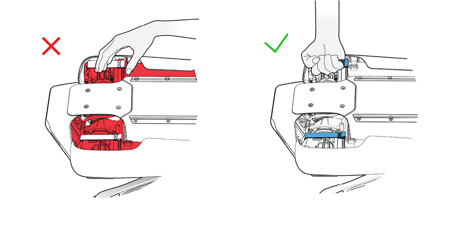 An incorrect grip of Spot's handles (left) allows the fingers to extend into the hip joints. A correct grip (right) wraps the fingers tightly around the handles to create a fist.